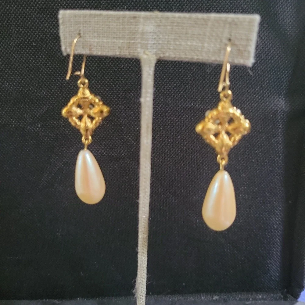 Regencycore Jewel Tone Cross Earrings Faux Pearl Teardrop Byzantine Dangle